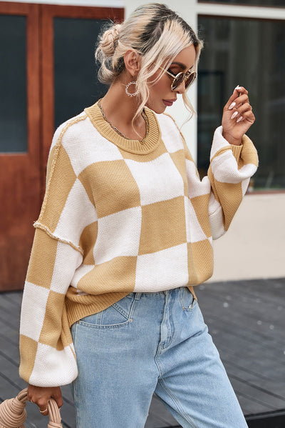 Khaki Checkered Bishop Sleeve Sweater-Tops-MomFashion