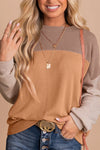 Khaki Color Block Long Sleeve Ribbed Loose Top-Tops-MomFashion