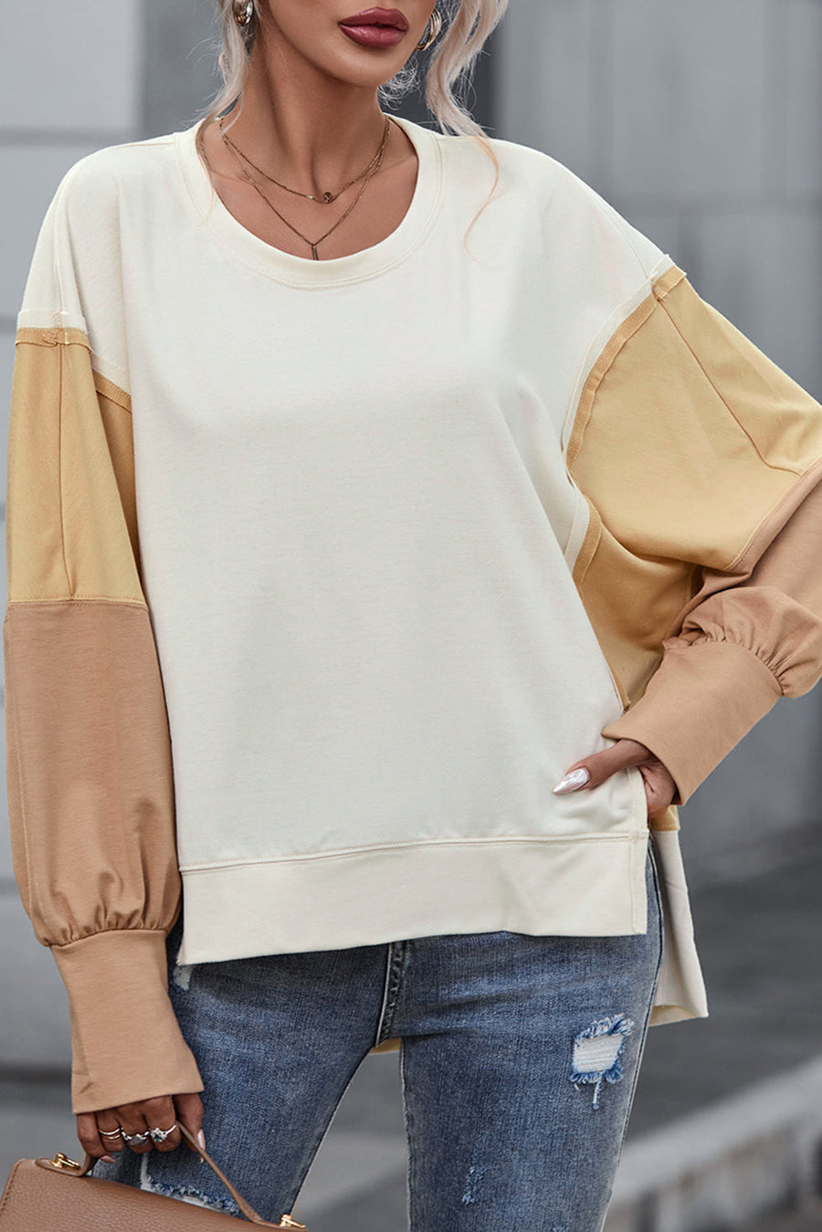 Khaki Color Block Sleeve Patchwork Oversized Sweatshirt-Tops-MomFashion