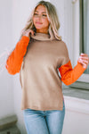 Khaki Color Block Turtle Neck Drop Shoulder Knit Sweater-Tops-MomFashion