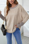 Khaki Contrast Cuffs Batwing Sleeve Loose Top-Tops-MomFashion