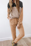Khaki Corded 2pcs Colorblock Pullover and Pants Outfit-Loungewear-MomFashion