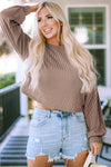 Khaki Cording Drop Shoulder Puff Sleeve Casual Long Sleeve Top-Tops-MomFashion