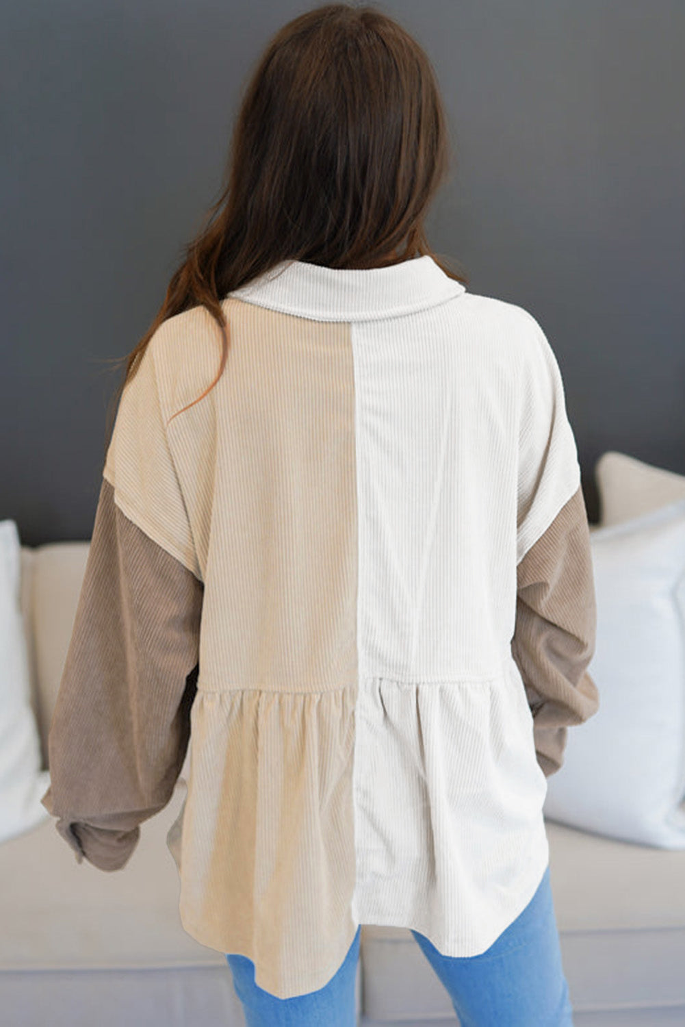 Khaki Corduroy Colorblock Button up Loose Shacket-Outerwear-MomFashion