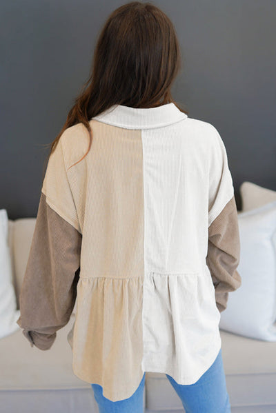 Khaki Corduroy Colorblock Button up Loose Shacket-Outerwear-MomFashion