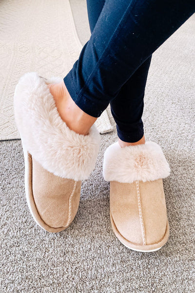 Khaki Cut and Sew Faux Suede Plush Lined Slippers-Shoes & Bags-MomFashion