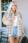 Khaki Distressed Raw Edge Plaid Patchwork Denim Jacket-Outerwear-MomFashion