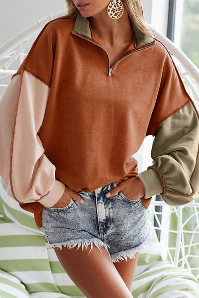 Khaki Exposed Seam Color Block Zipped Sweatshirt-Tops-MomFashion