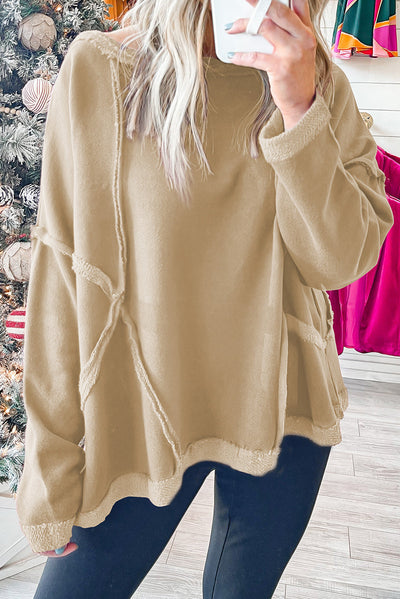 Khaki Exposed Seam Drop Shoulder Raw Hem Oversized Sweatshirt-Tops-MomFashion