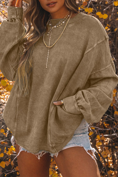 Khaki Exposed Seam Twist Open Back Oversized Sweatshirt-Tops-MomFashion