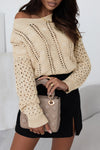 Khaki Eyelets Cable Knit Drop Shoulder Sweater-Tops-MomFashion