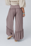 Khaki Frilled Drawstring High Waist Wide Leg Pants-Bottoms-MomFashion