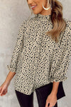 Khaki Frilled Neck 3/4 Sleeves Cheetah Blouse-Tops-MomFashion