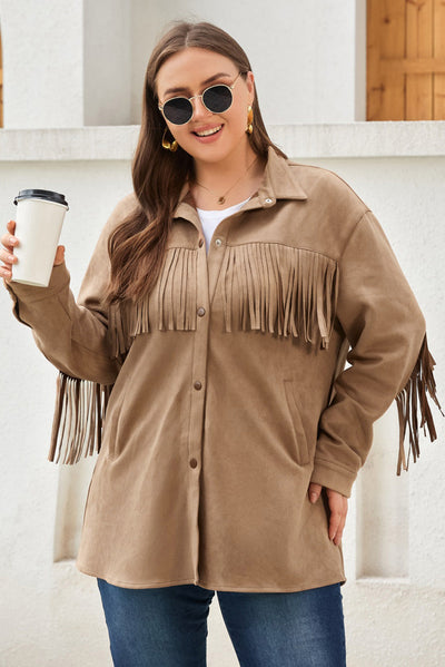 Khaki Fringe Trim Plus Size Suede Shacket-Plus Size-MomFashion