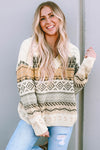 Khaki Geometric Print Ribbed Knitted V Neck Sweater-Tops-MomFashion