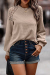 Khaki Lace Long Sleeve Textured Pullover-Tops-MomFashion