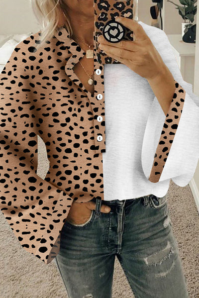 Khaki Leopard Contrast Half Button Casual Blouse-Tops-MomFashion