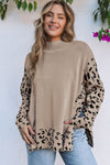 Khaki Leopard High Neck Side Slit Oversized Sweater-Tops-MomFashion