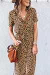 Khaki Leopard Turn-Down Collar Slit Midi Dress-Dresses-MomFashion