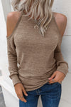 Khaki Marble Knit Cold Shoulder Long Sleeve Top-Tops-MomFashion