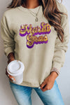 Khaki Mardi Gras Sequin Embroidered Patch Sweatshirt-Graphic-MomFashion