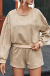 Khaki Piping Trim Long Sleeve Terry Shorts Set-Loungewear-MomFashion