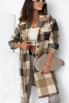 Khaki Plaid Button-Down Flap Pocket Long Shacket-Outerwear-MomFashion