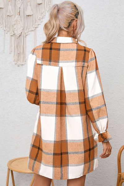 Khaki Plaid Pattern Collared Neck Ruffled Sleeve Shirt Dress-Dresses-MomFashion