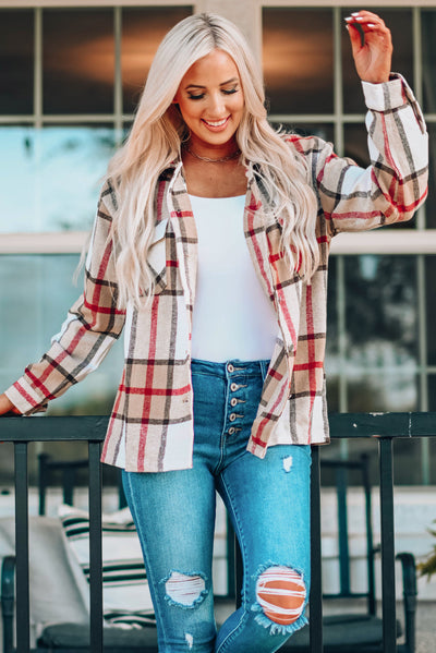 Khaki Plaid Print Buttoned Shirt Coat with Pocket-Outerwear-MomFashion