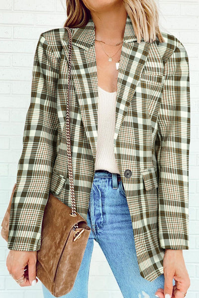 Khaki Plaid Print Lapel Collar Buttoned Blazer-Outerwear-MomFashion