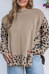 Khaki Plus Size Leopard Patchwork High Neck Sweater-Plus Size-MomFashion