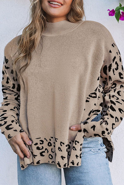 Khaki Plus Size Leopard Patchwork High Neck Sweater-Plus Size-MomFashion