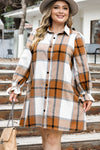 Khaki Plus Size Plaid Flounce Sleeve Button up Shirt Dress-Plus Size-MomFashion