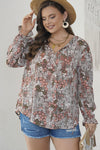 Khaki Plus Size Printed Long Sleeve Drawstring V Neck Blouse-Plus Size-MomFashion