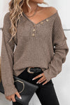 Khaki Pointelle Knit Button V Neck Drop Shoulder Sweater-Tops-MomFashion