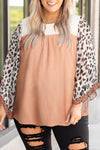 Khaki Printed Plus Ruffle Leopard Sleeve Waffled Color Block Top-Plus Size-MomFashion