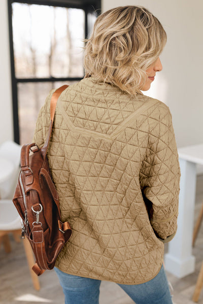 Khaki Quilted Button Front Funnel Neck Jacket-Outerwear-MomFashion