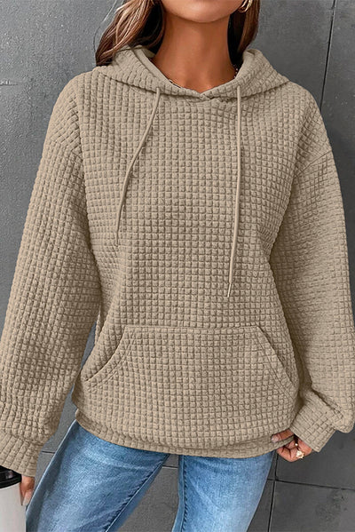 Khaki Quilted Kangaroo Pocket Drawstring Hoodie-Tops-MomFashion