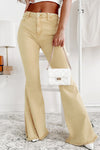 Khaki Raw Edge Mid Waist Flared Jeans-Bottoms-MomFashion