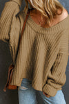 Khaki Ribbed Knit Round Neck Slouchy Chunky Sweater-Tops-MomFashion