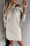 Khaki Single Cold Shoulder T-shirt Dress with Slits-Dresses-MomFashion