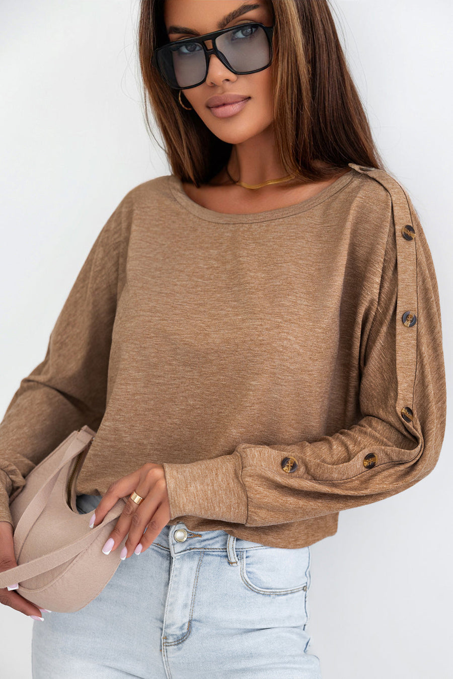 Khaki Solid Color Button Decor Dolman Sleeve Top-Tops-MomFashion