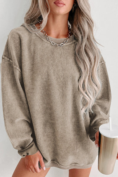 Khaki Solid Ribbed Knit Round Neck Pullover Sweatshirt-Tops-MomFashion