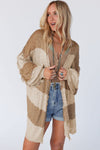 Khaki Stripe Lantern Sleeve Fringed Open Cardigan-Tops-MomFashion