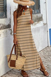 Khaki Stripe Print Open Back Sleeveless Maxi Dress with Slits-Dresses-MomFashion