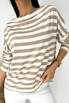 Khaki Striped Boat Neck Long Sleeve Top-Tops-MomFashion