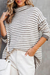 Khaki Striped Turtleneck Loose Sweater-Tops-MomFashion