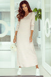 Khaki Striped V-neck Long Sleeve Casual Dress-Dresses-MomFashion