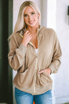 Khaki Thermal Waffle Knit Full Zipper Hooded Jacket-Outerwear-MomFashion