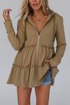 Khaki Tiered Ruffled Zip-Up Drawstring Hooded Jacket-Outerwear-MomFashion